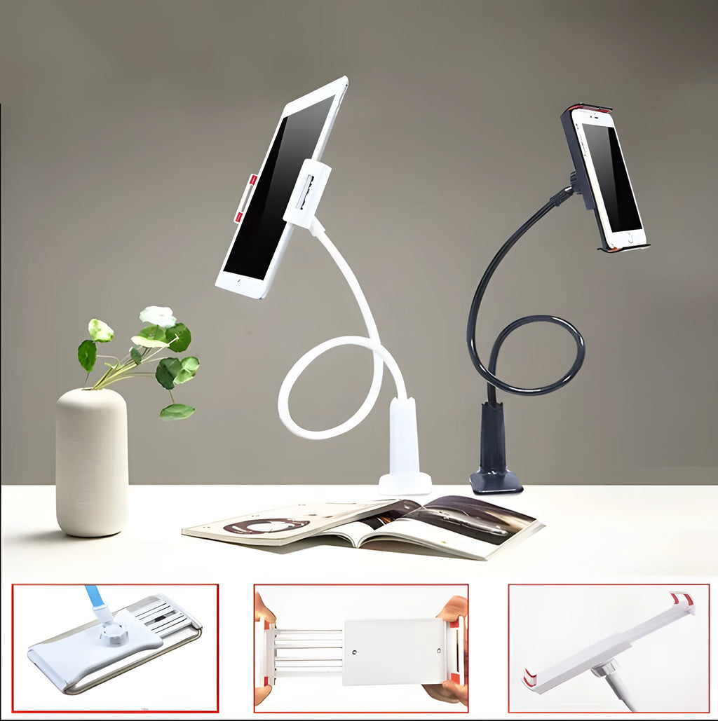 Aluminium alloy bedside phone holder with long flexible arm and saddle base mount