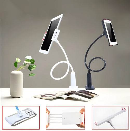 Aluminium alloy bedside phone holder with long flexible arm and saddle base mount