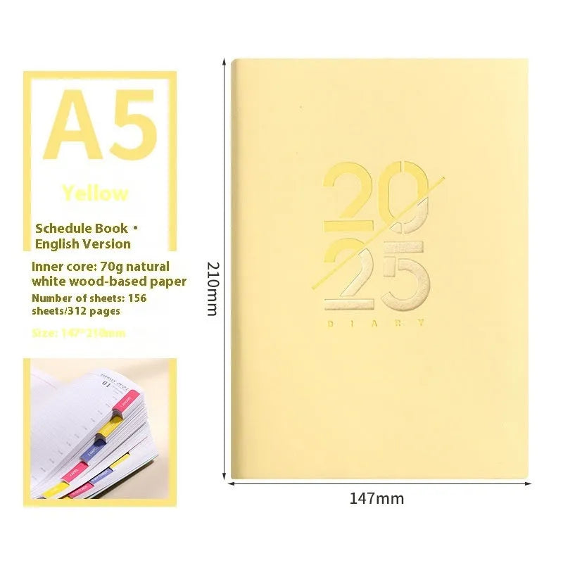 A5 daily planner with soft faux leather cover showing multiple colour options including pink yellow purple blue green