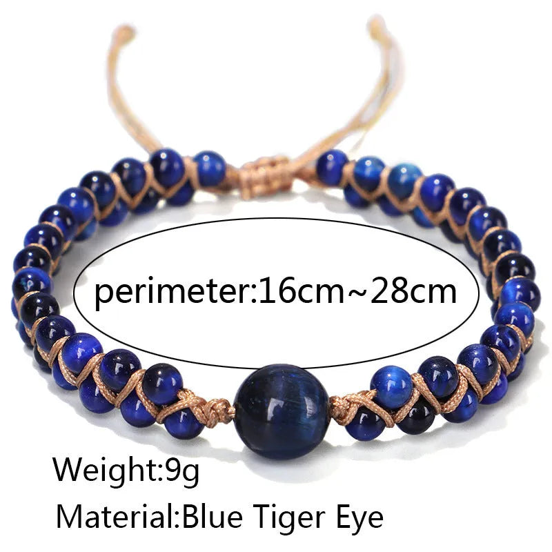 Handwoven geometric pull bracelet in blue tiger eye stone beads with adjustable closure