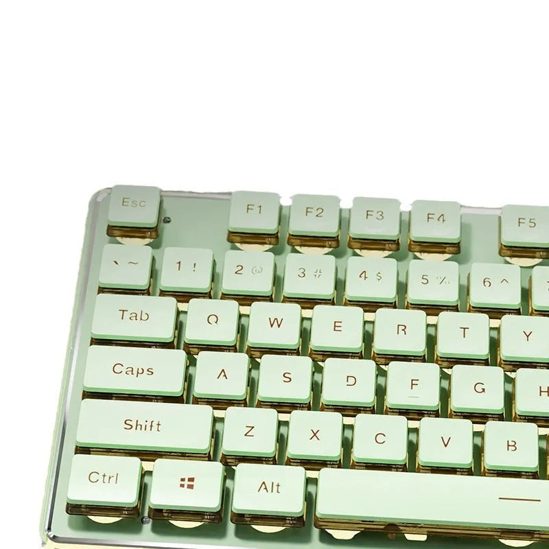 Prewalker V3 mute mechanical feeling keyboard and mouse set in retro green colour on a desk.