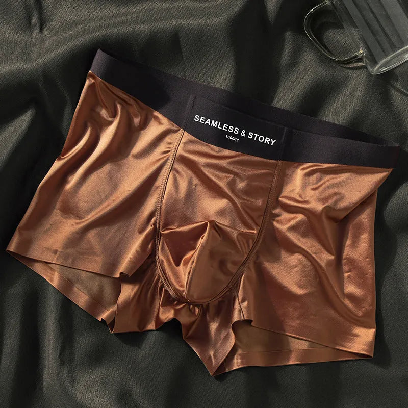 Men's ice silk underwear set in a solid colour showing mid-waist traceless design.