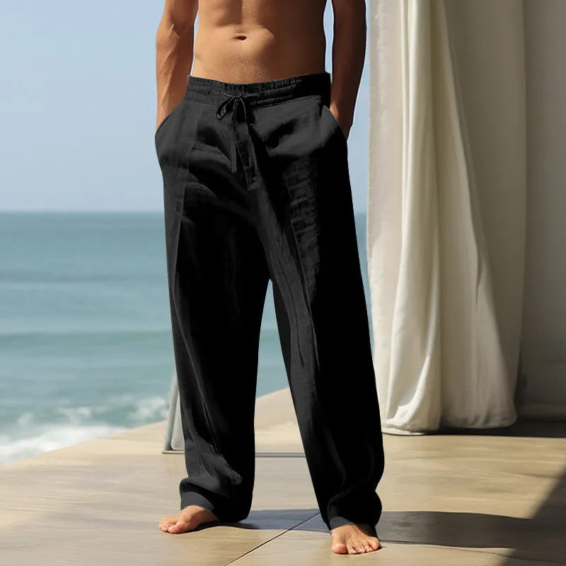 Men's cotton casual trousers in solid colours showing black, grey, khaki and navy blue options