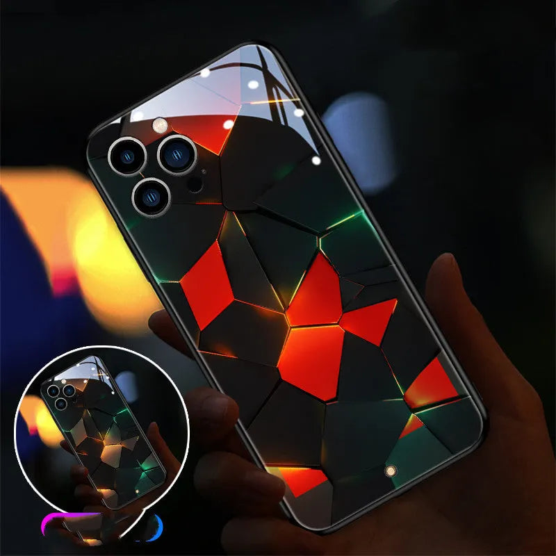 Transparent tempered glass iPhone case with incoming light feature showing Lightning Rhombus design.