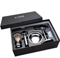 CSB men's shaving set with chrome stand, badger hair brush, double edge razor, and bowl
