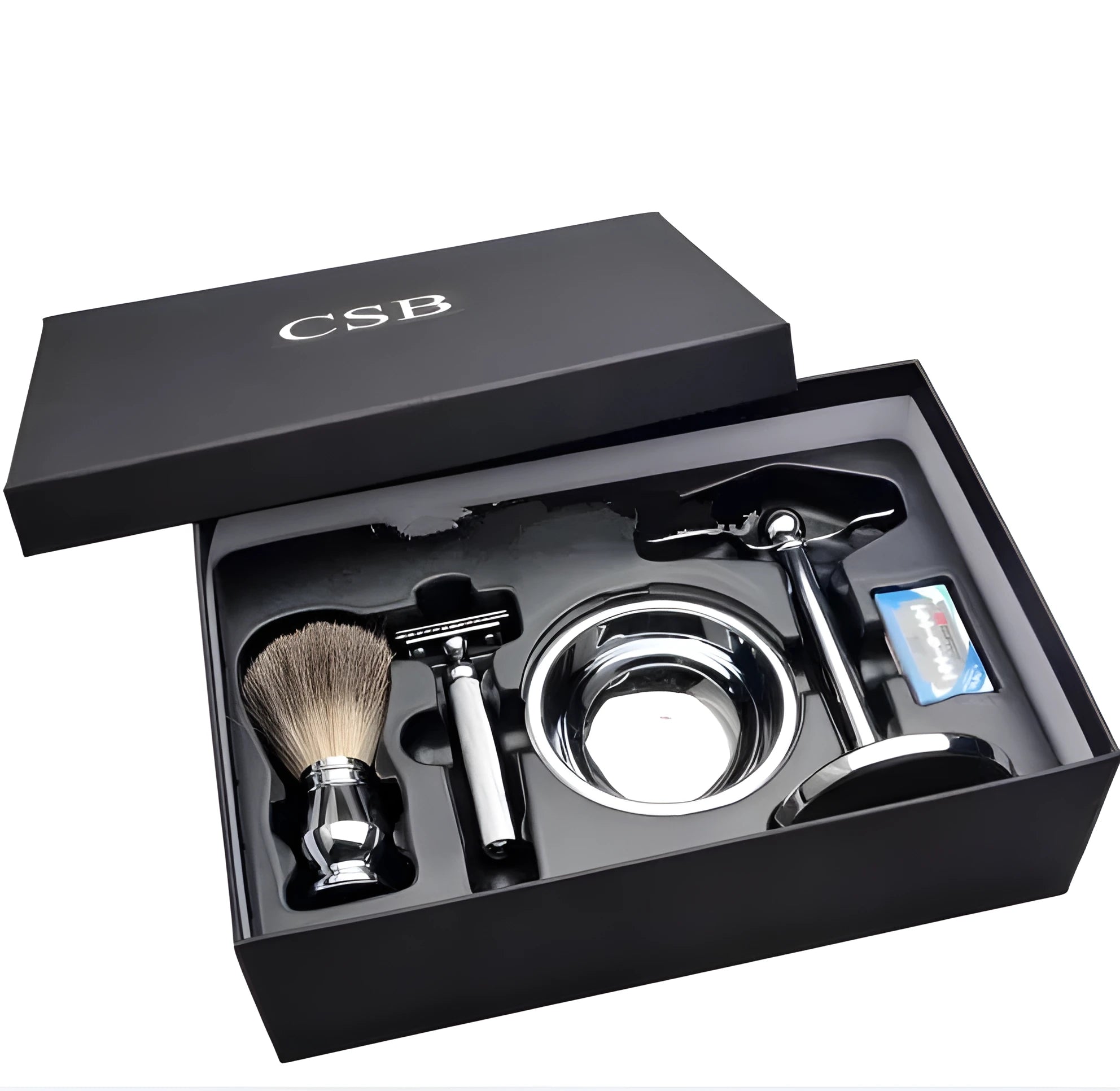 CSB men's shaving set with chrome stand, badger hair brush, double edge razor, and bowl