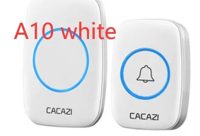 Wireless doorbell receiver and push button transmitter with colour options of black, white, silver, and gold.