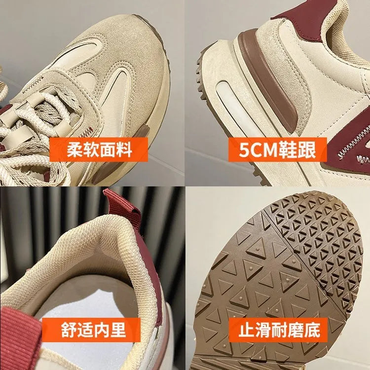 Women's black and khaki red retro platform sports shoes with round toe and lace-up front.