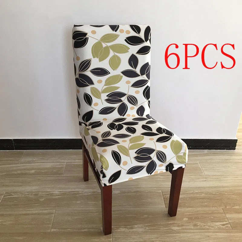 A stretchy spandex chair cover fitted neatly on a four-legged wooden dining chair.