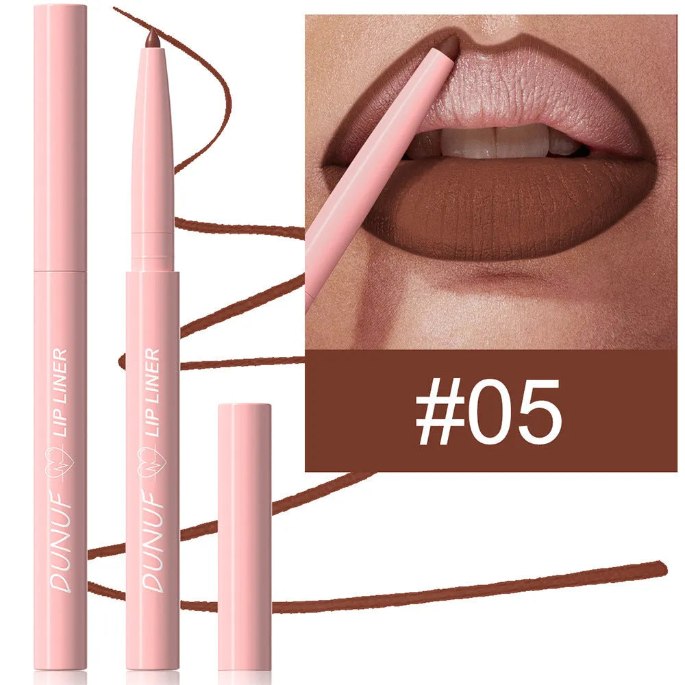 Set of twelve velvet matte lip liners in various shades for precise lip contouring