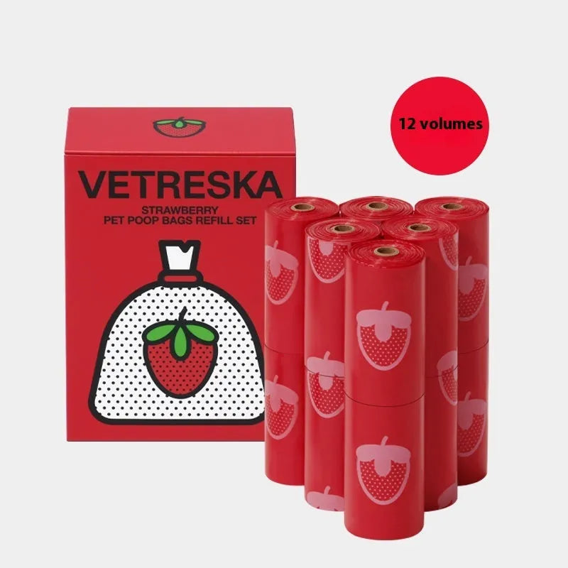 Dog poo bag dispenser capsule with scented refill roll in strawberry pattern design