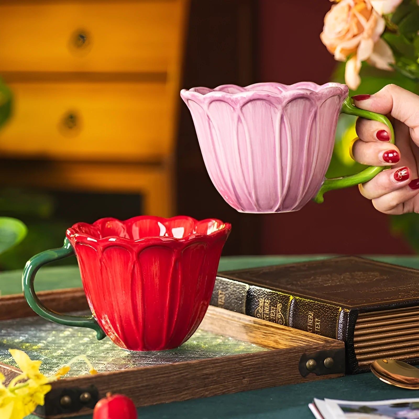500ml ceramic breakfast cup with pastoral floral pattern and comfortable handle
