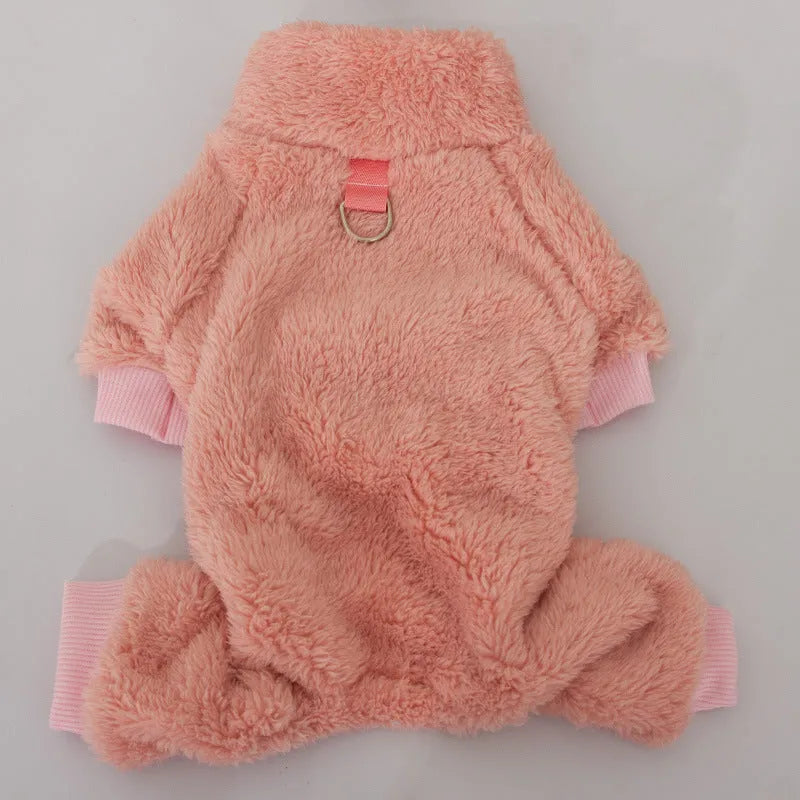 Blue double-sided plush dog clothing with high collar and towing ring on model dog