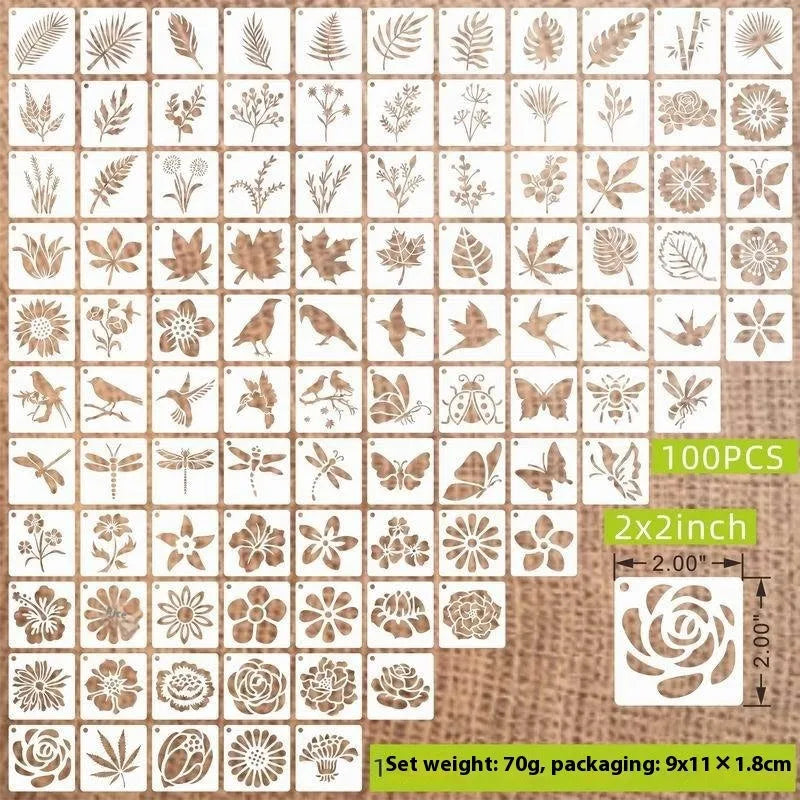 700 PET film hollow spray painting templates in seven 2-inch designs including floral, animal, ocean, and letter patterns