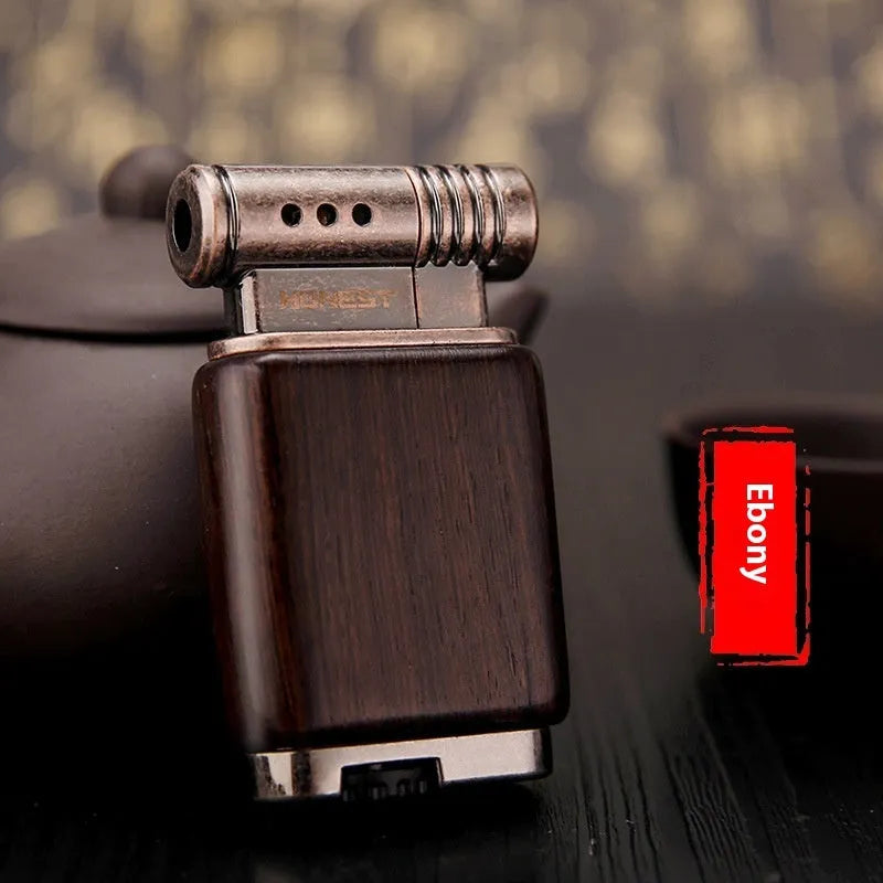 Black wood ebony gas lighter with rosewood sun face decorative panel