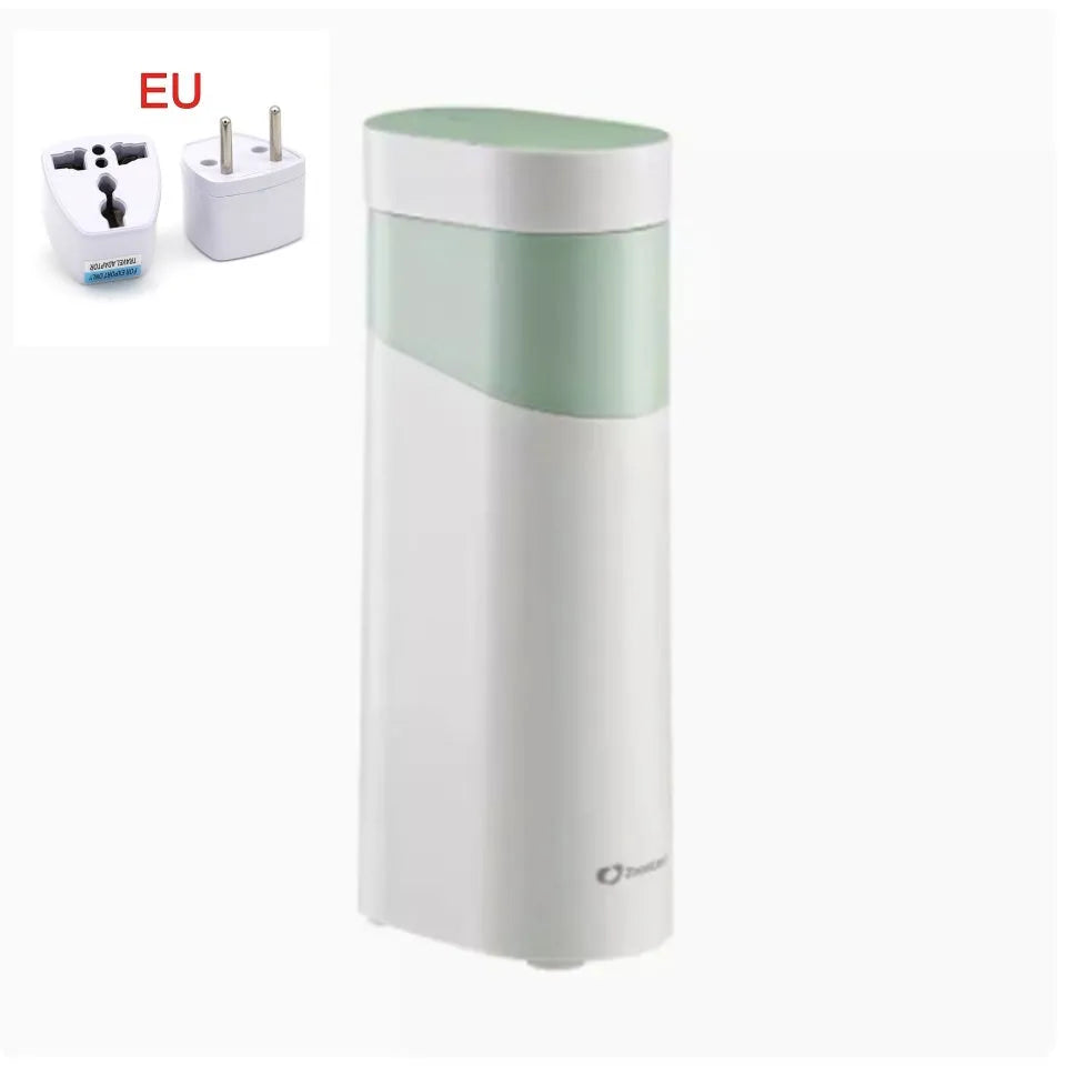 Black or green small instant water dispenser with digital display on a desktop.