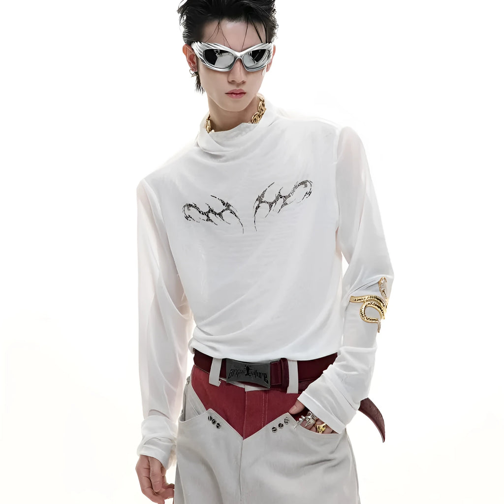 Niche mesh slim fit long sleeve shirt in black and white on a mannequin