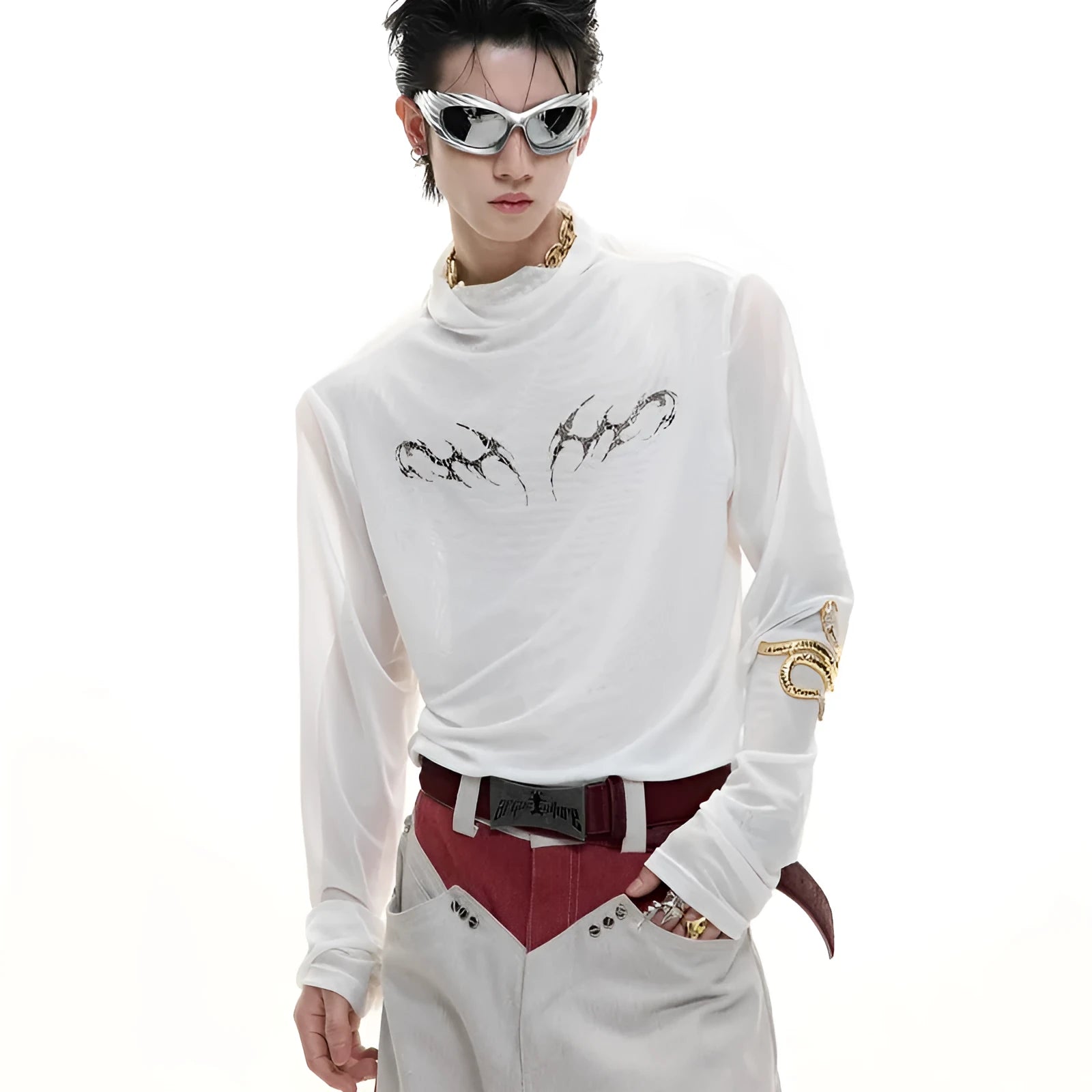 Niche mesh slim fit long sleeve shirt in black and white on a mannequin