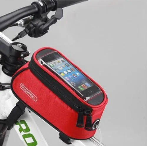 ROSWHEEL black PVC bicycle frame bag mounted on a bike, holding a mobile phone.