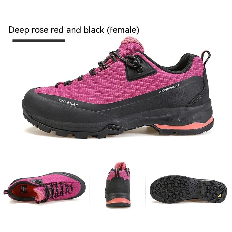 Men's low-top mountain climbing hiking boots with rubber outsole and lace-up front