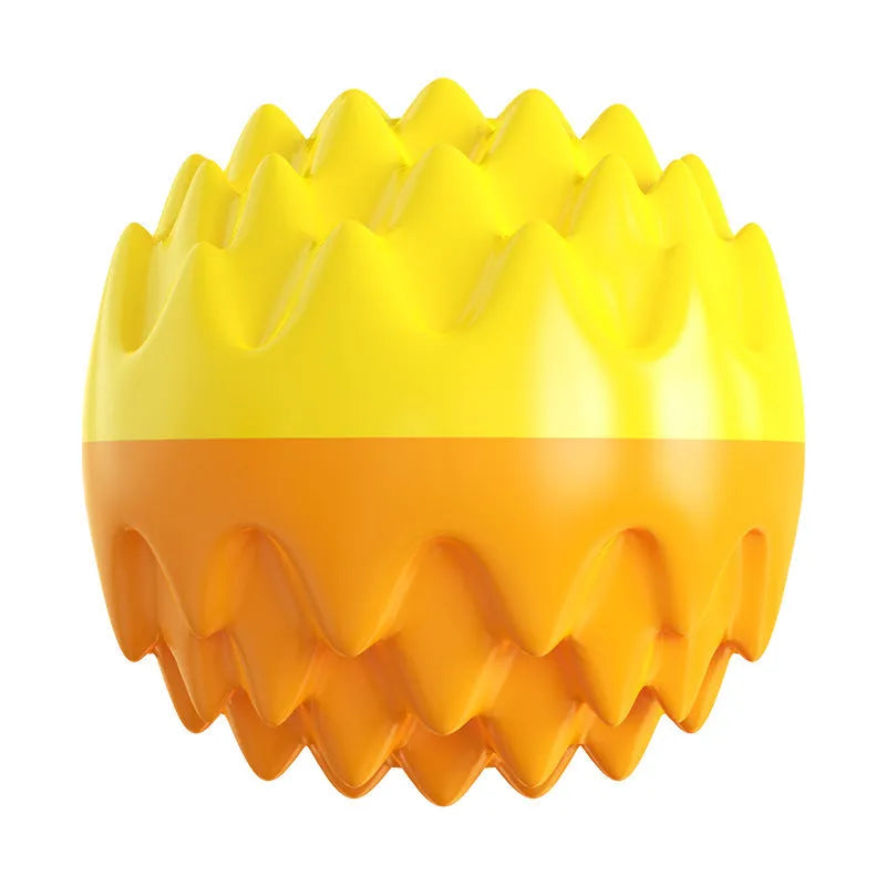 Blue and orange squeaky rubber dog ball with spiky texture for dental cleaning and water fetch