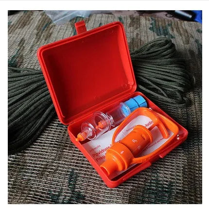 Orange portable venom extractor suction device with two cup sizes, pump, tourniquet and swabs in a storage box.