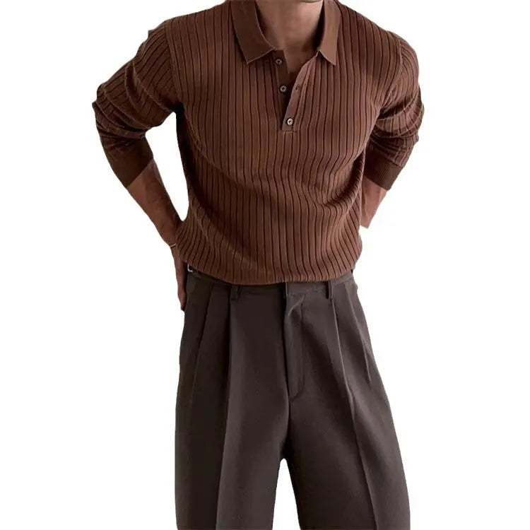Men's slim-fit lapel button long sleeve polo shirt in black knitted polyester fabric