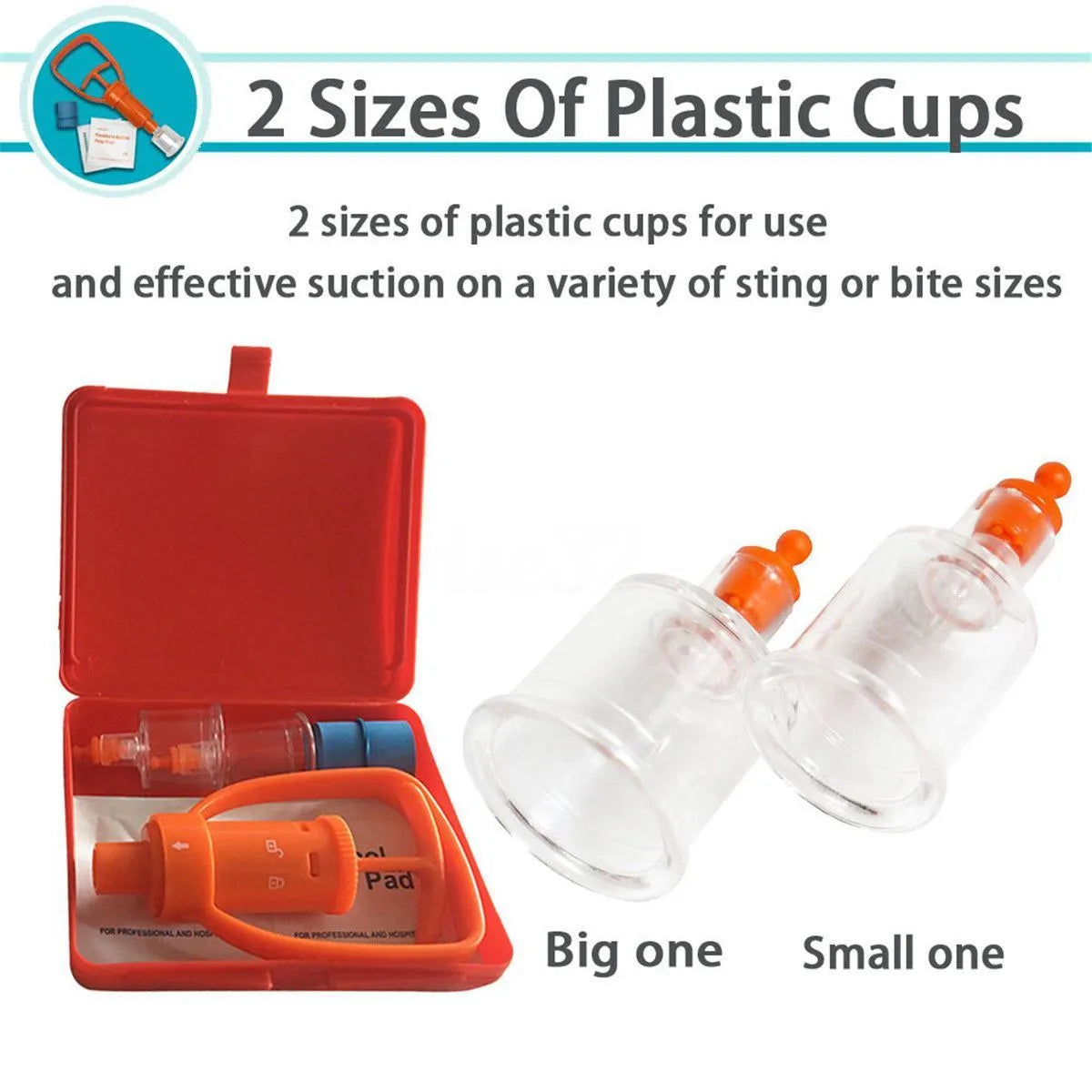 Orange portable venom extractor suction device with two cup sizes, pump, tourniquet and swabs in a storage box.