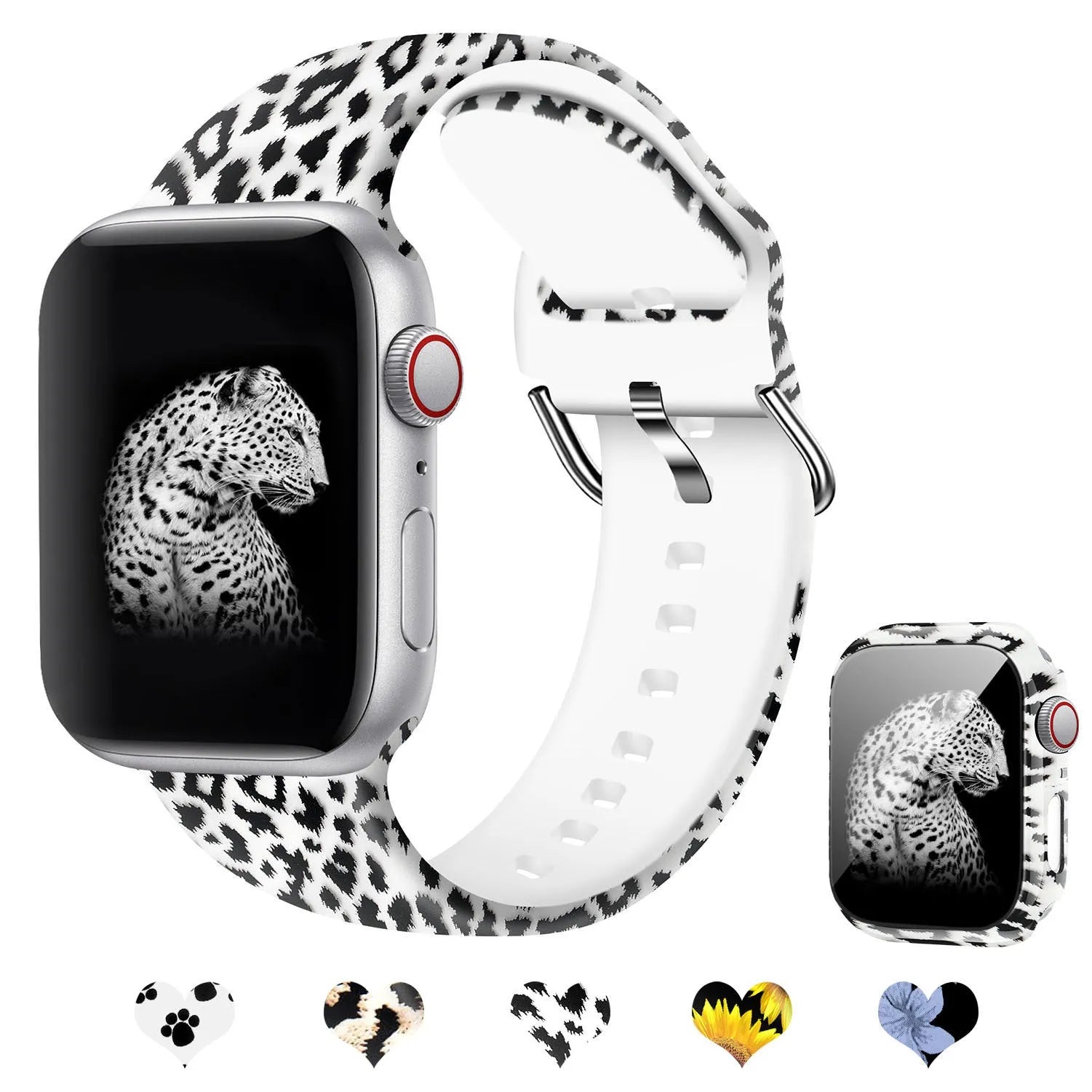 Printed silicone replacement strap for Apple Watch showing design options and 38mm 40mm 42mm 44mm size compatibility.