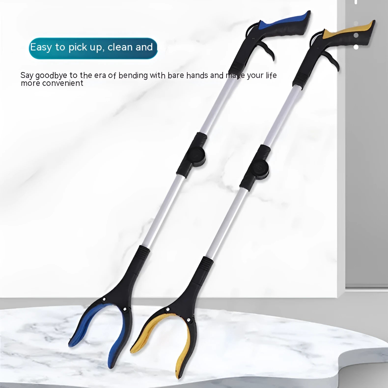 Folding aluminium rubbish clamp with extended arm and magnetic pick-up head in blue handle colour