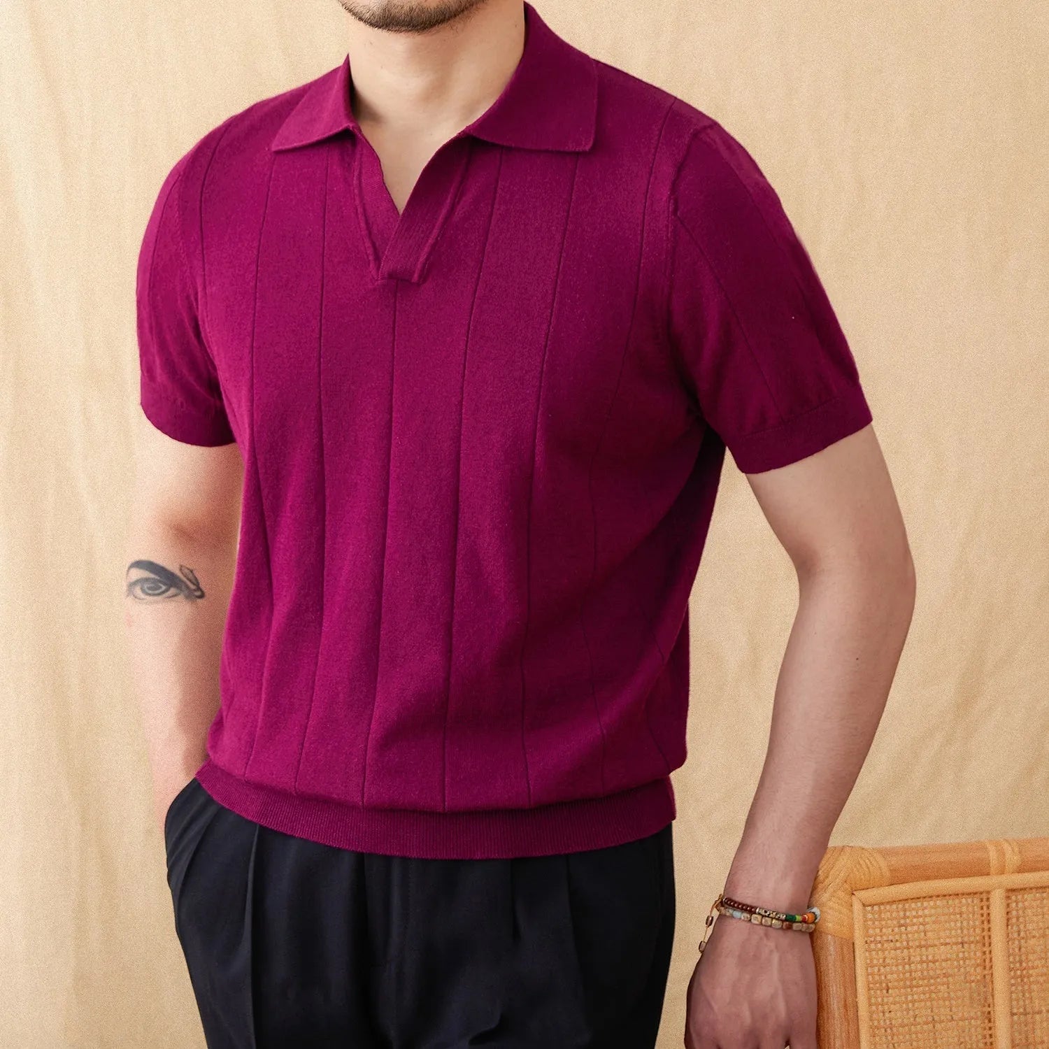 Polo collar short sleeve knitted top in ramie-cotton blend fabric available in multiple colours