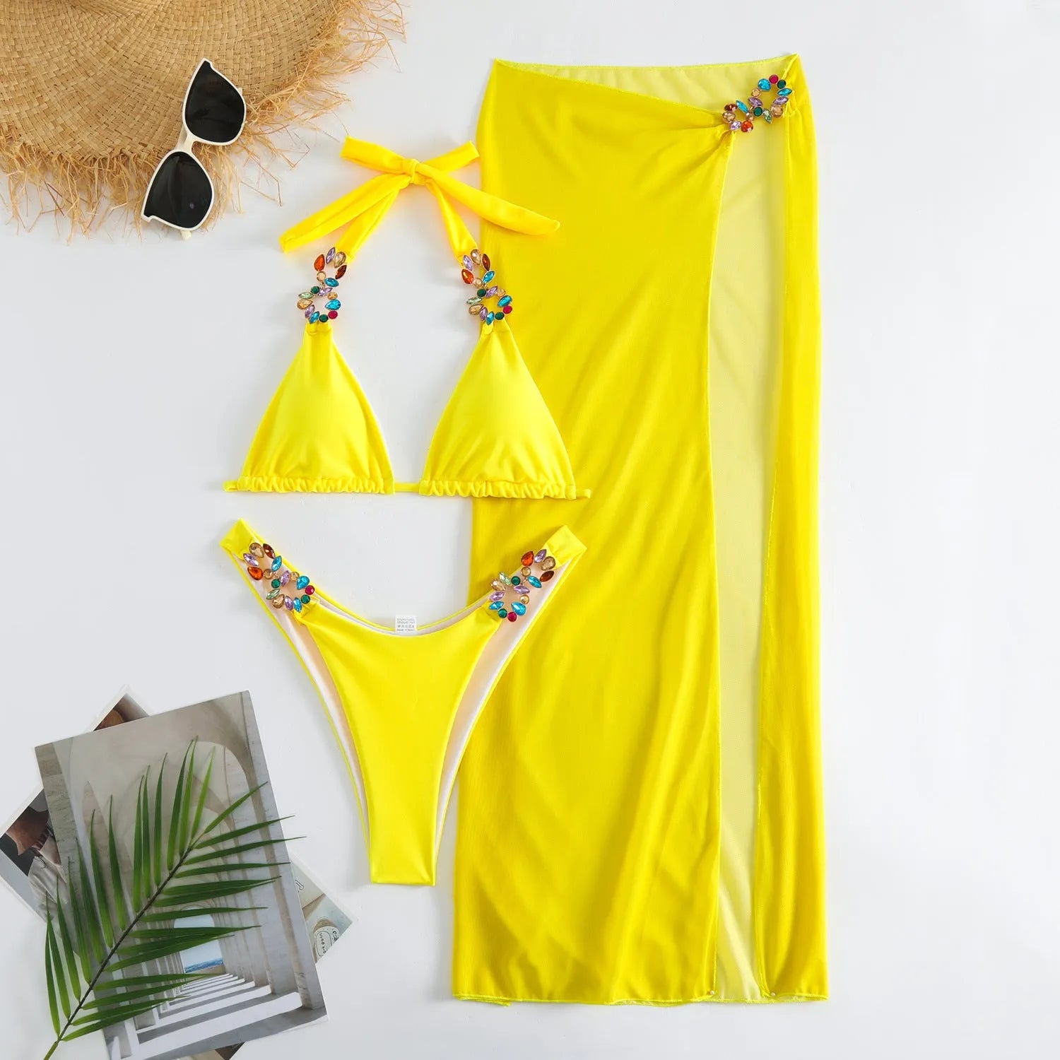 Light diamond solid colour three-piece swimsuit set with a long mesh skirt in rose red or yellow.