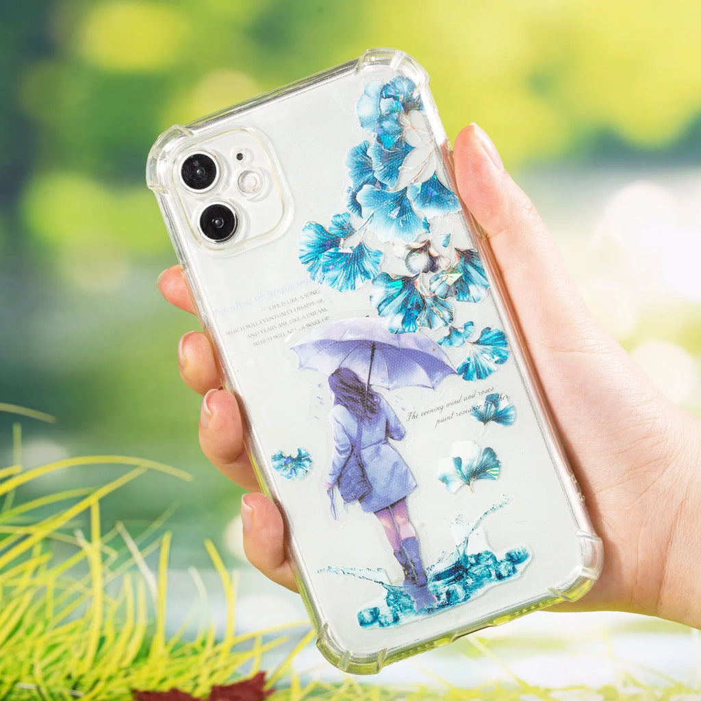 Six rolls of transparent PET decorative stickers with leaf patterns for hand account books