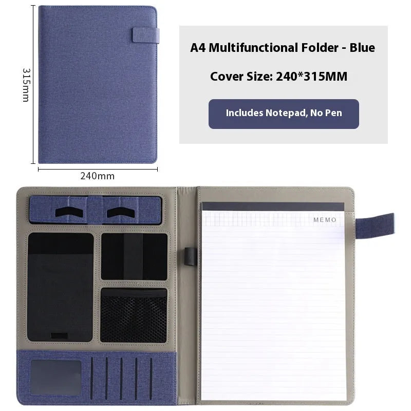 Leather A4 business multifunction folder with notepad and pen holder in black colour