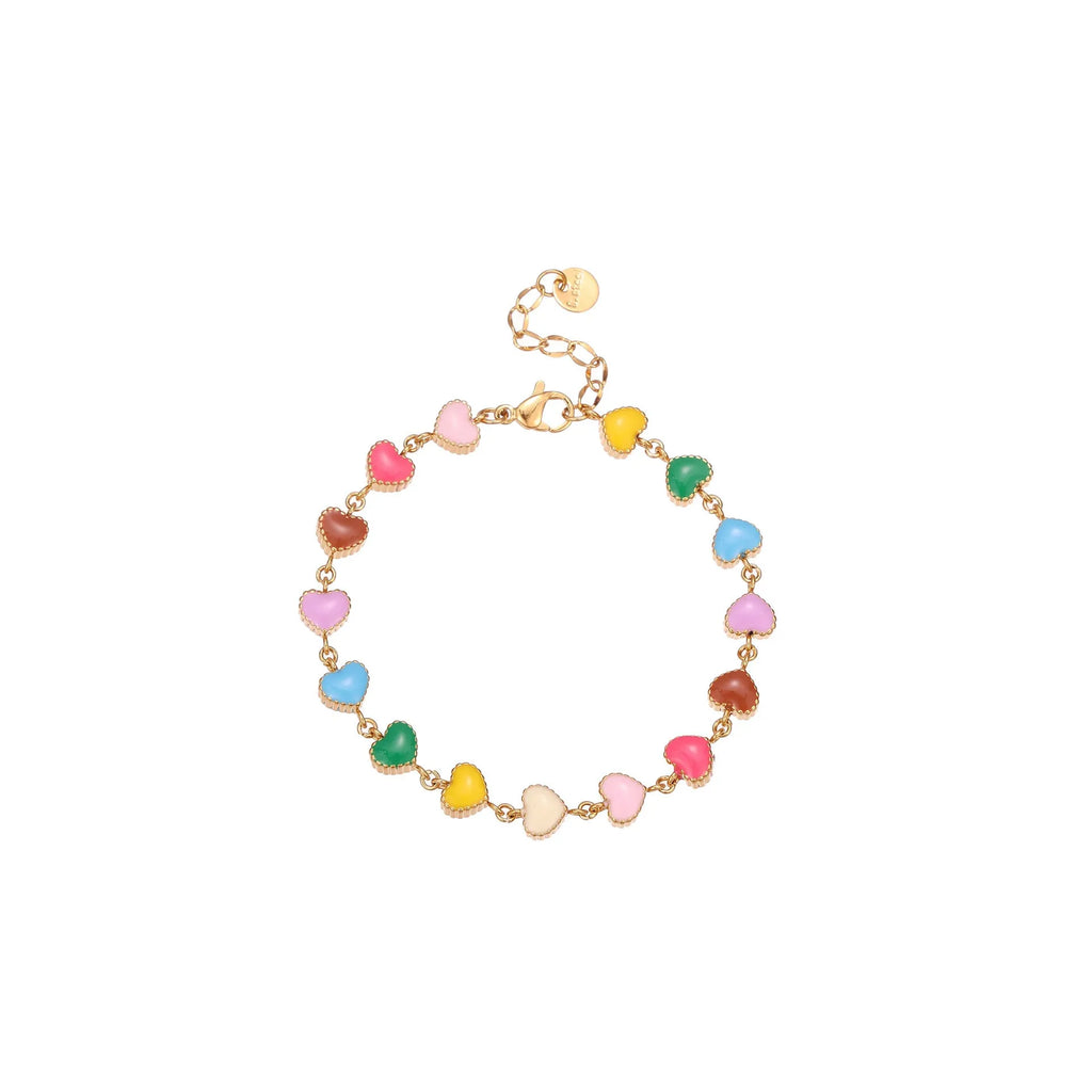 Close-up of a women's love heart-shaped bracelet in stainless steel with 18K gold plating.