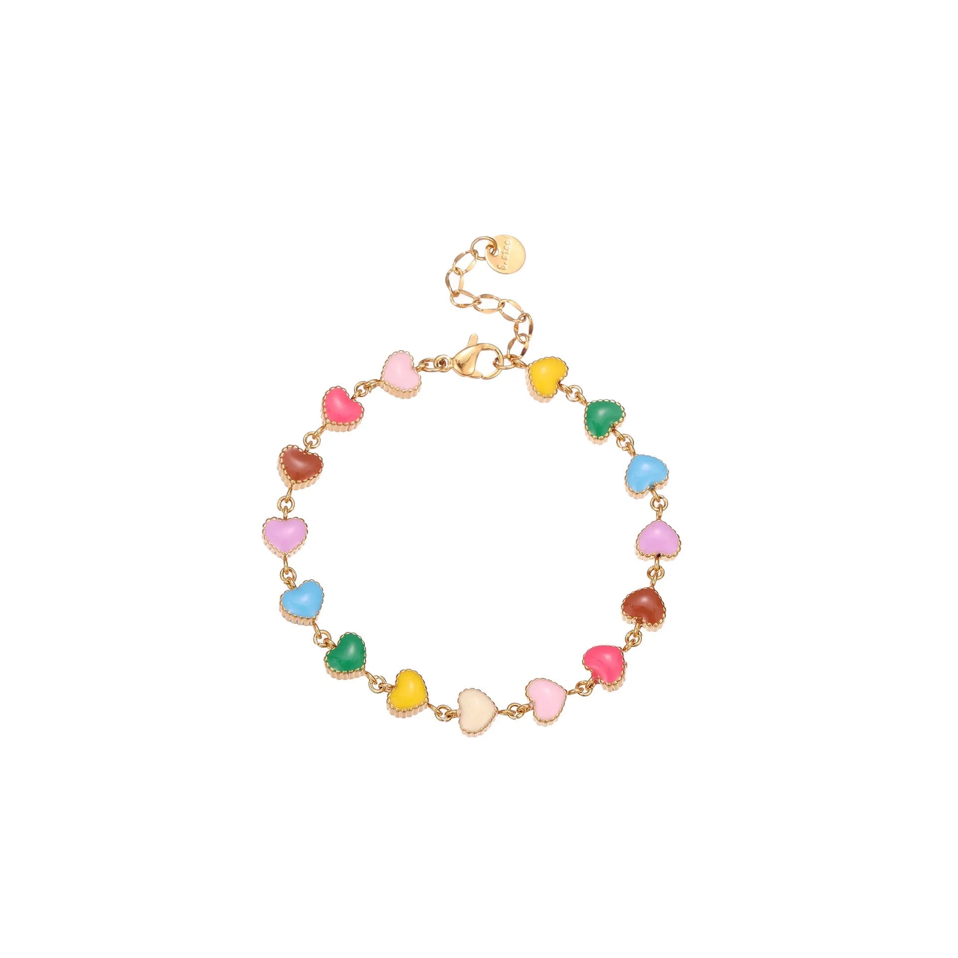 Close-up of a women's love heart-shaped bracelet in stainless steel with 18K gold plating.