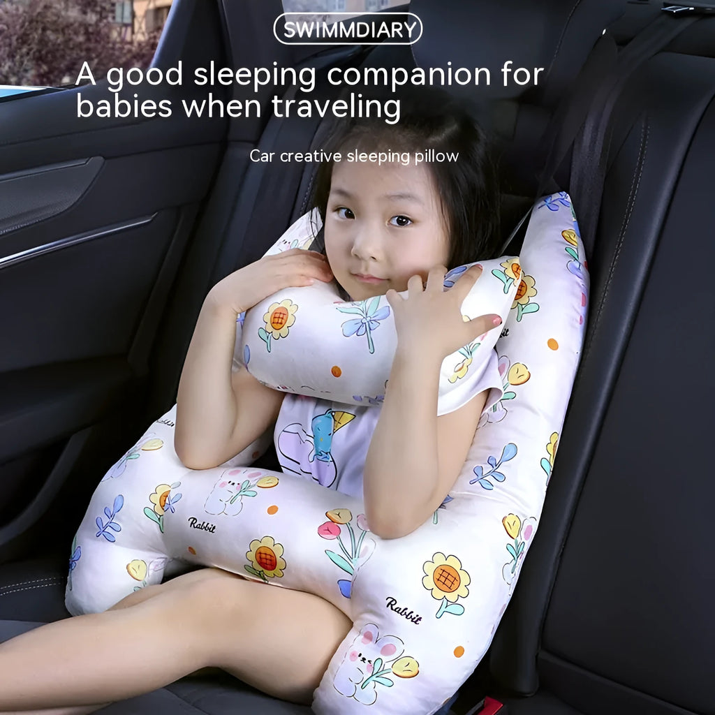 55cm by 70cm car headrest pillow in floral skirt rabbit design with optional neck support pillow.