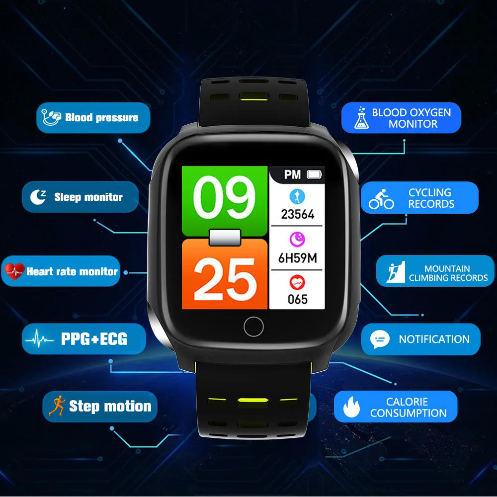 F16 smart watch with ECG monitoring on a silicone wristband in black and grey colour