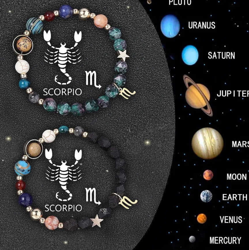 Set of two adjustable natural stone bracelets with zodiac sign charms on beige background