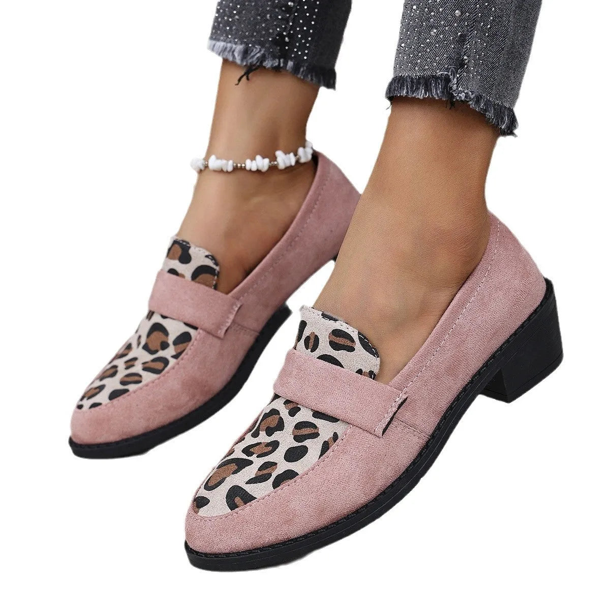 Women's leopard print suede slip-on shoes with chunky mid-heel and pointed toe in brown, pink, and khaki