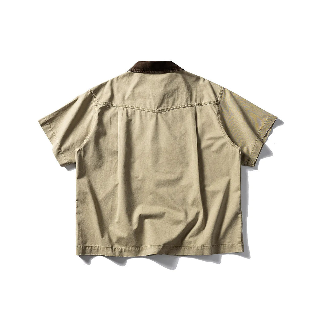 Washed khaki grey short sleeve overalls shirt loose cardigan style on hanger