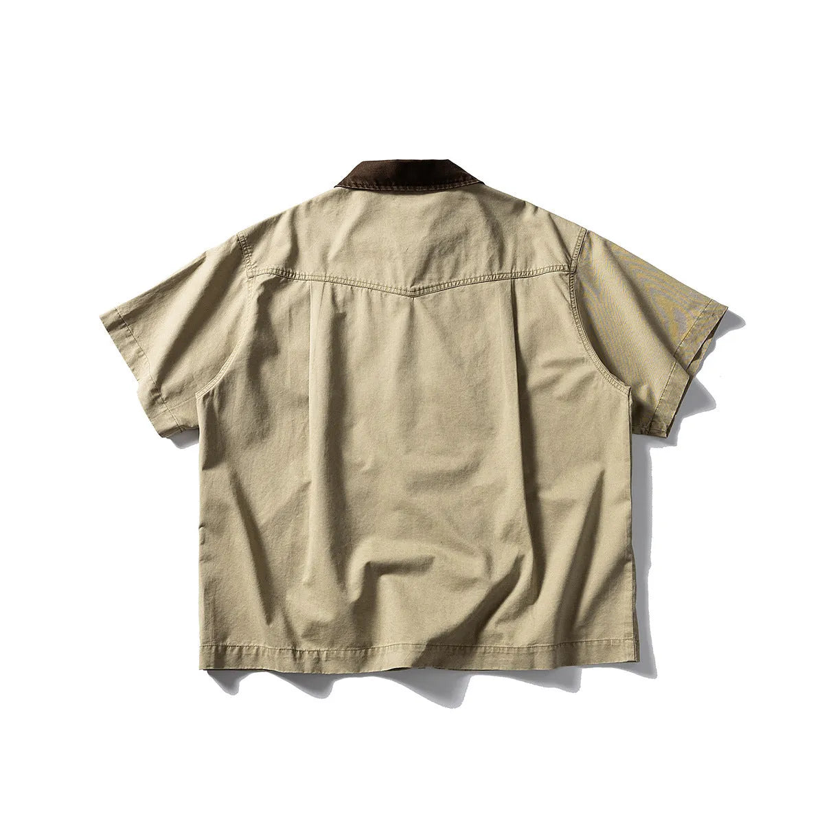 Washed khaki grey short sleeve overalls shirt loose cardigan style on hanger