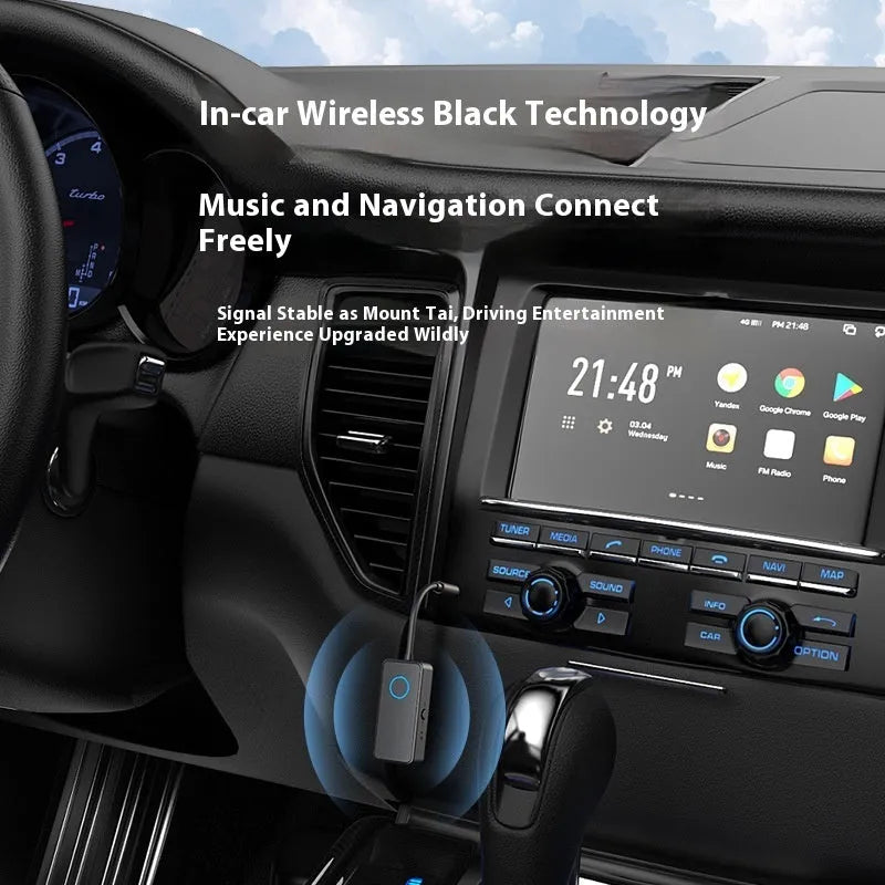Black Bluetooth 5.4 audio adapter with 3.5mm plug for car stereo and speaker wireless streaming