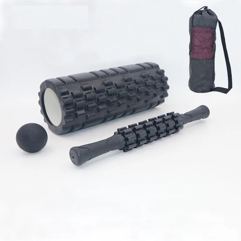 Black 33cm fitness foam roller massage kit with foam, EVA and PVC construction.