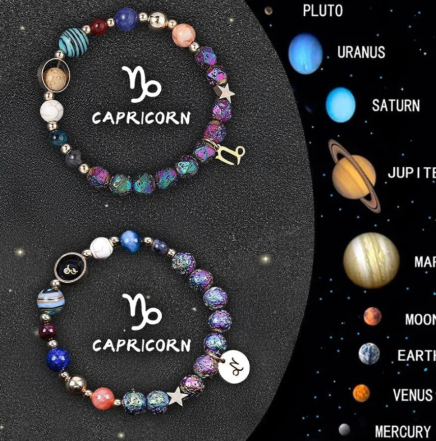 Two natural stone beaded bracelets with zodiac sign charms on a white background