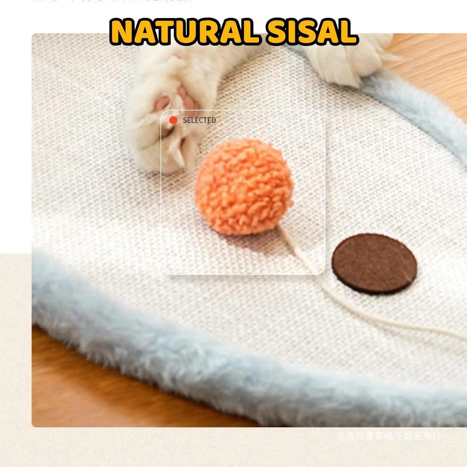 White wall-mounted cat scratching mat with cartoon sleeping cat design made from natural sisal.