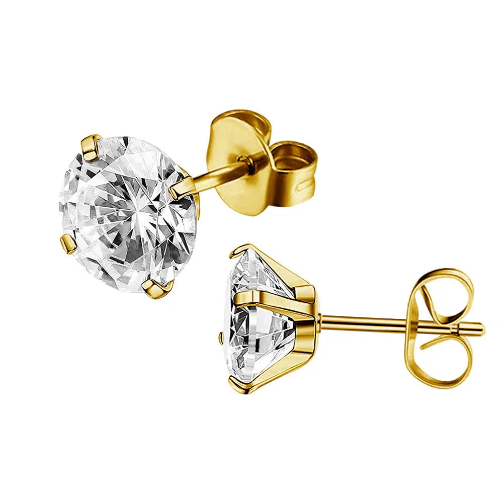 Geometric square zircon stud earrings in stainless steel with steel colour and gold plating options