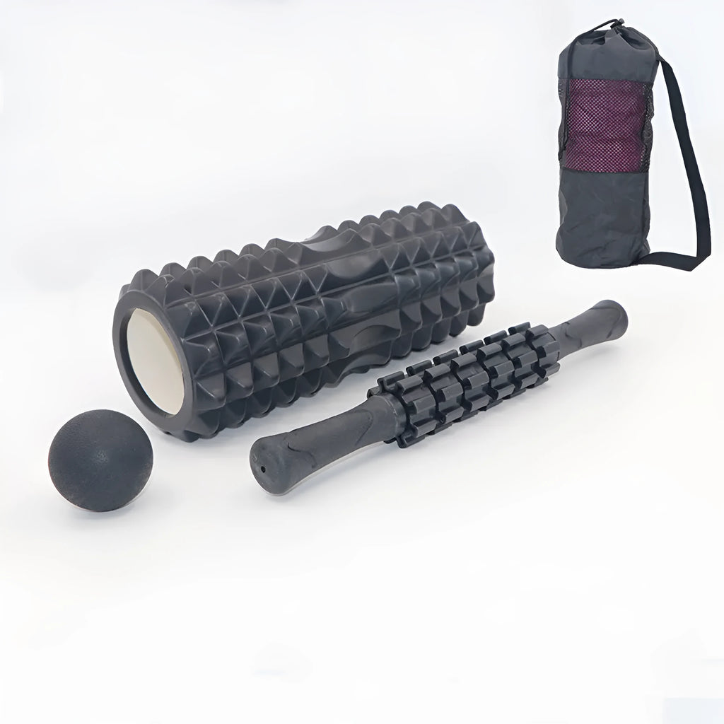 Black 33cm fitness foam roller massage kit with foam, EVA and PVC construction.