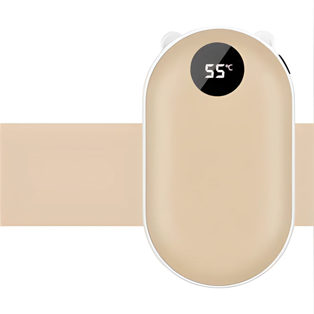 Compact rechargeable hand warmer and power bank with digital display in assorted colours.