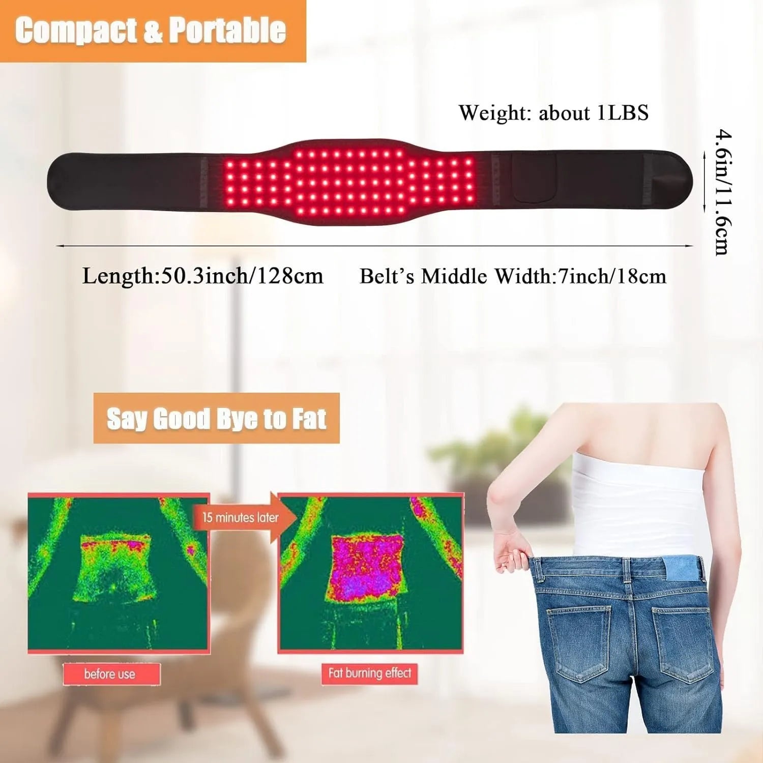 Black red light infrared therapy belt for waist pain relief with adjustable free-size design